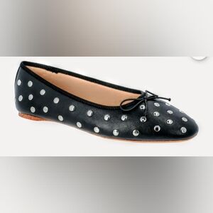 Ballerina Black Flats with Silver Metal Dot Accents & thin Small Bow On Shoe Top